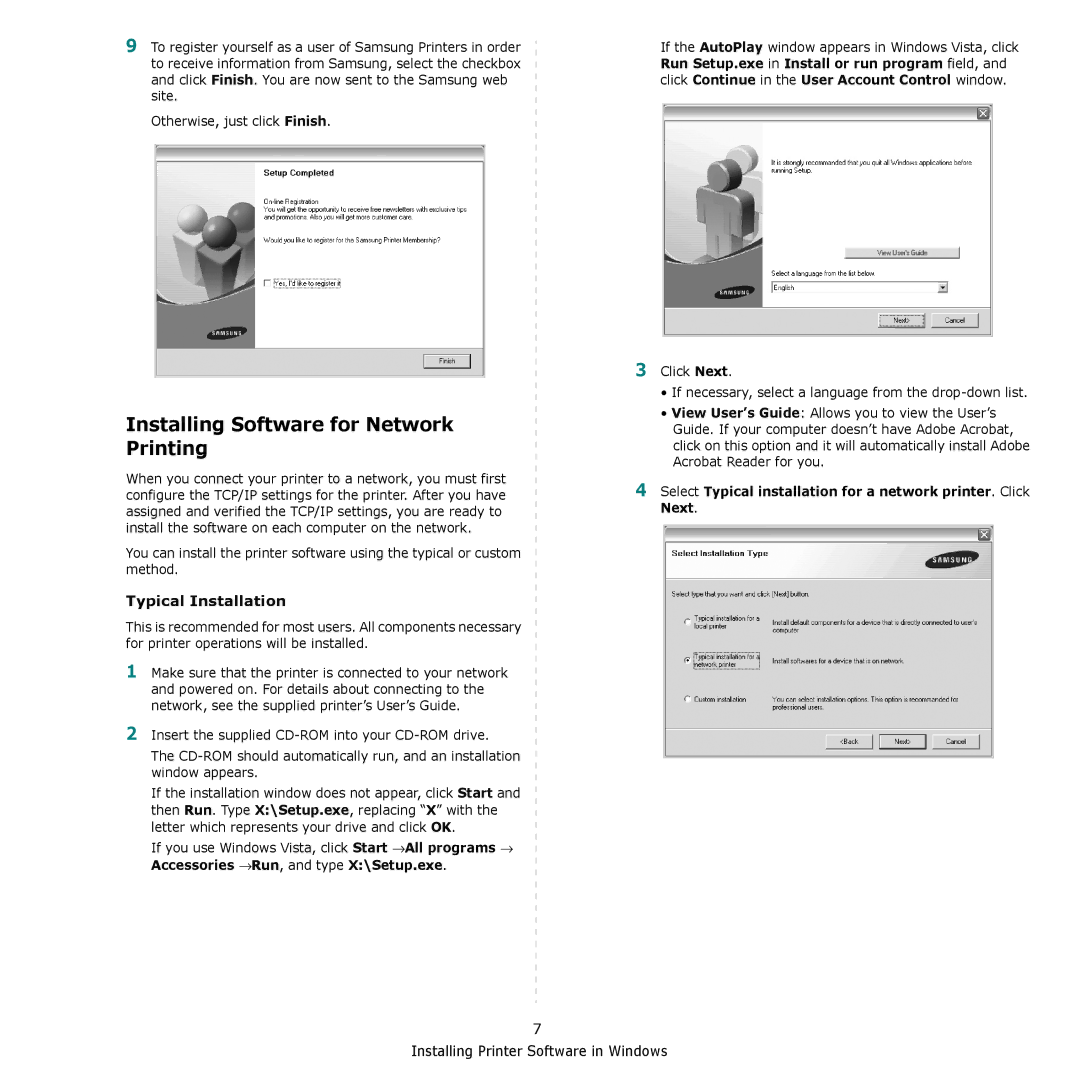 Samsung CLP-610, CLP-660 manual Installing Software for Network Printing, Typical Installation 