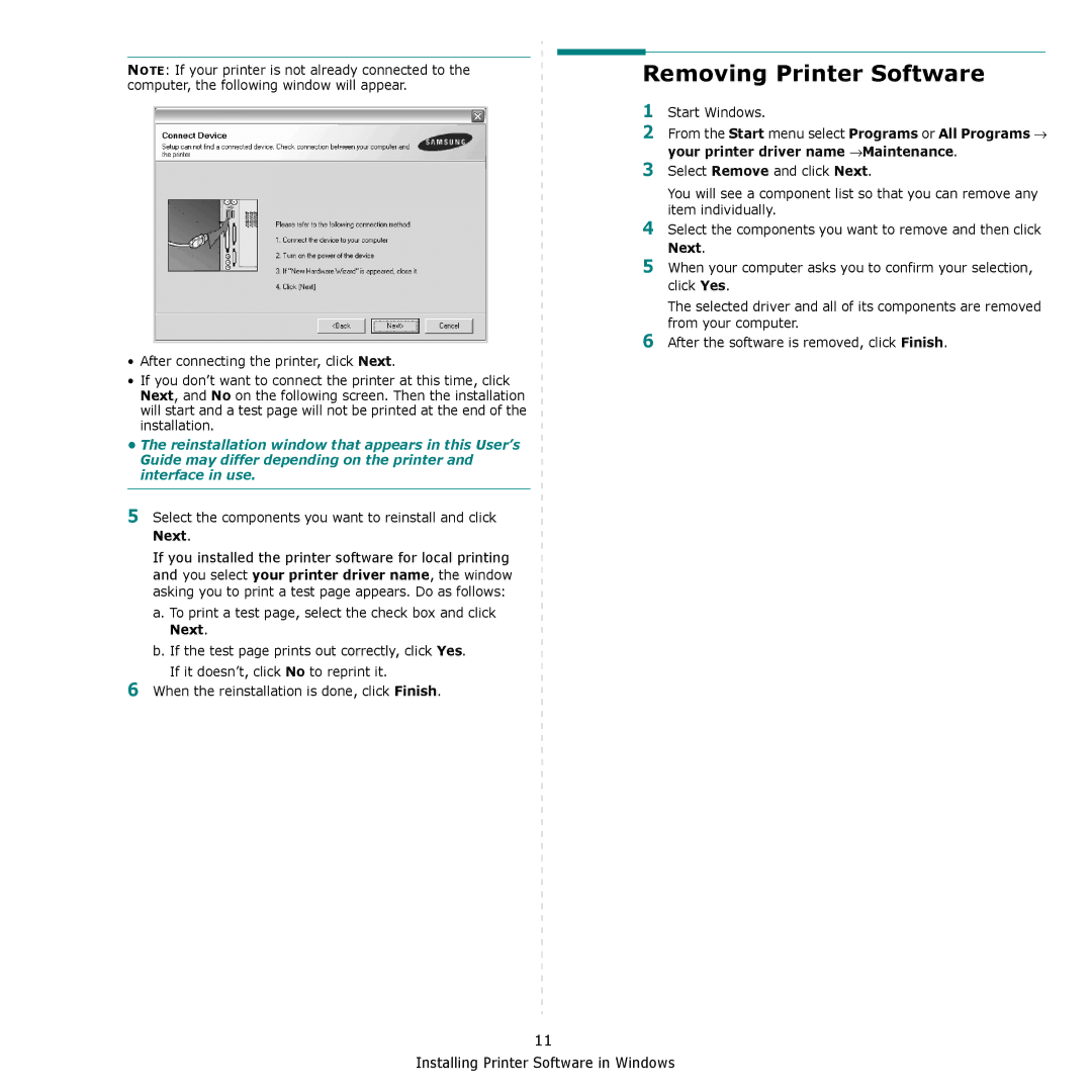 Samsung CLP-610, CLP-660 manual Removing Printer Software, Select the components you want to reinstall and click Next 