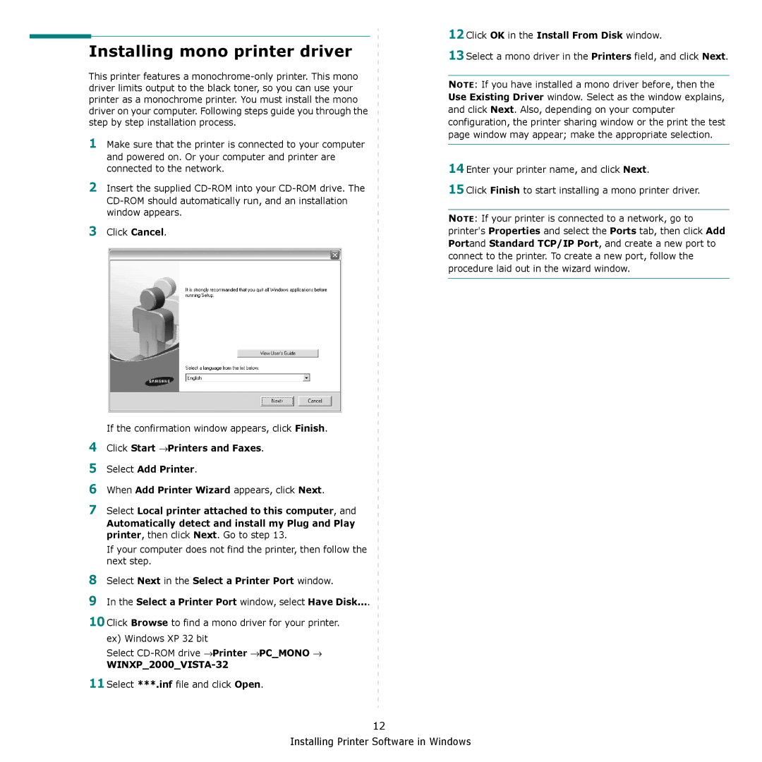 Samsung CLP-660, CLP-610 manual Installing mono printer driver, 12Click OK in the Install From Disk window 