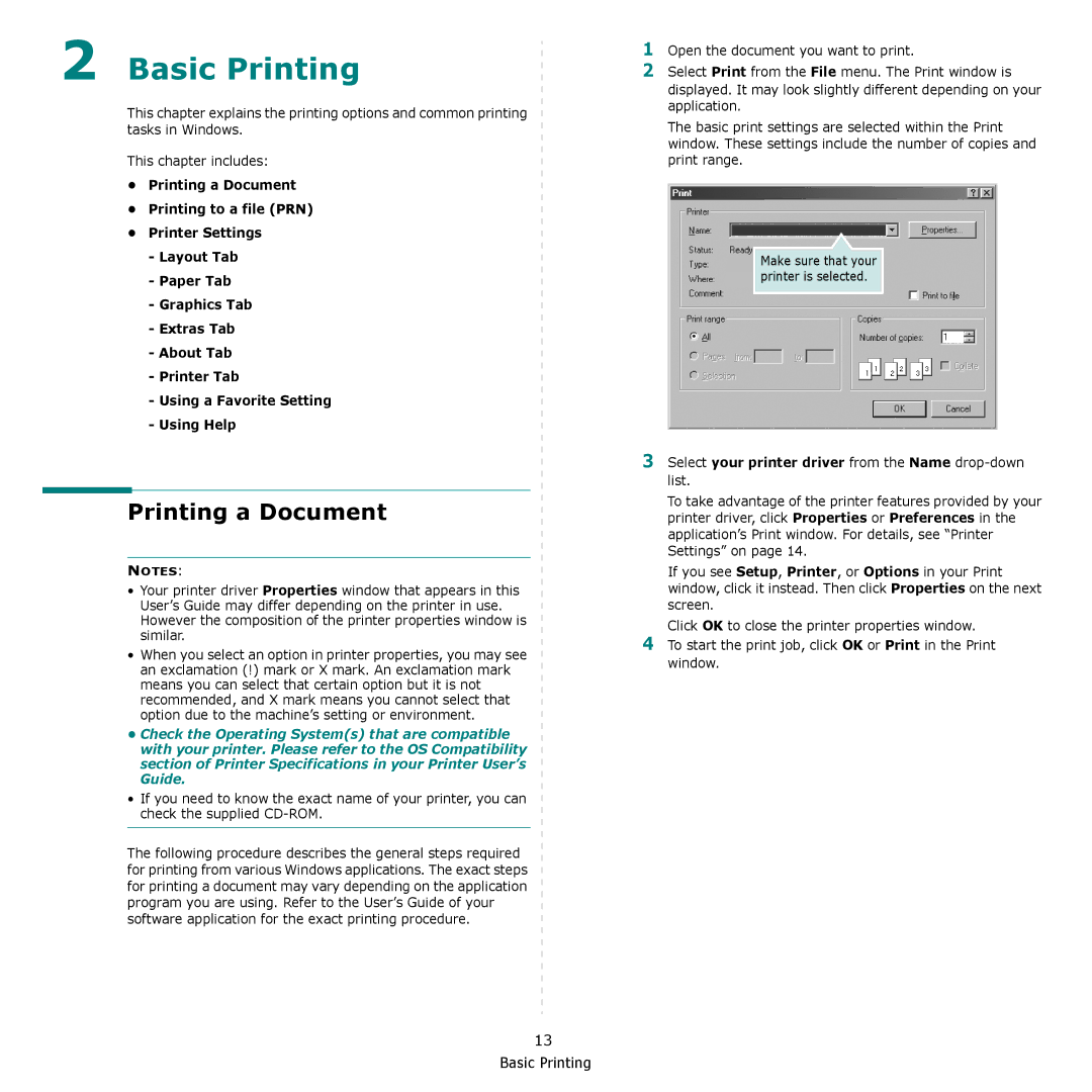 Samsung CLP-610, CLP-660 manual Printing a Document, Select your printer driver from the Name drop-down list 