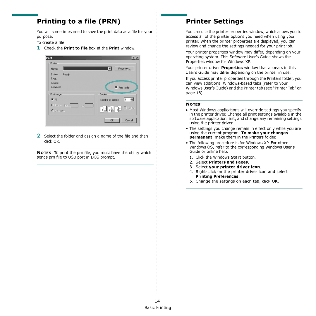 Samsung CLP-660 manual Printing to a file PRN, Printer Settings, Select Printers and Faxes Select your printer driver icon 