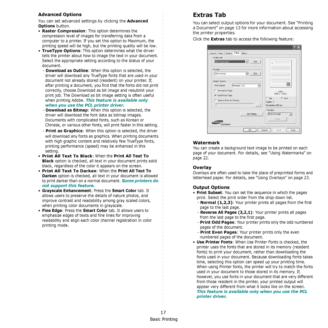 Samsung CLP-610, CLP-660 manual Extras Tab, Advanced Options, Watermark, Overlay, Output Options 