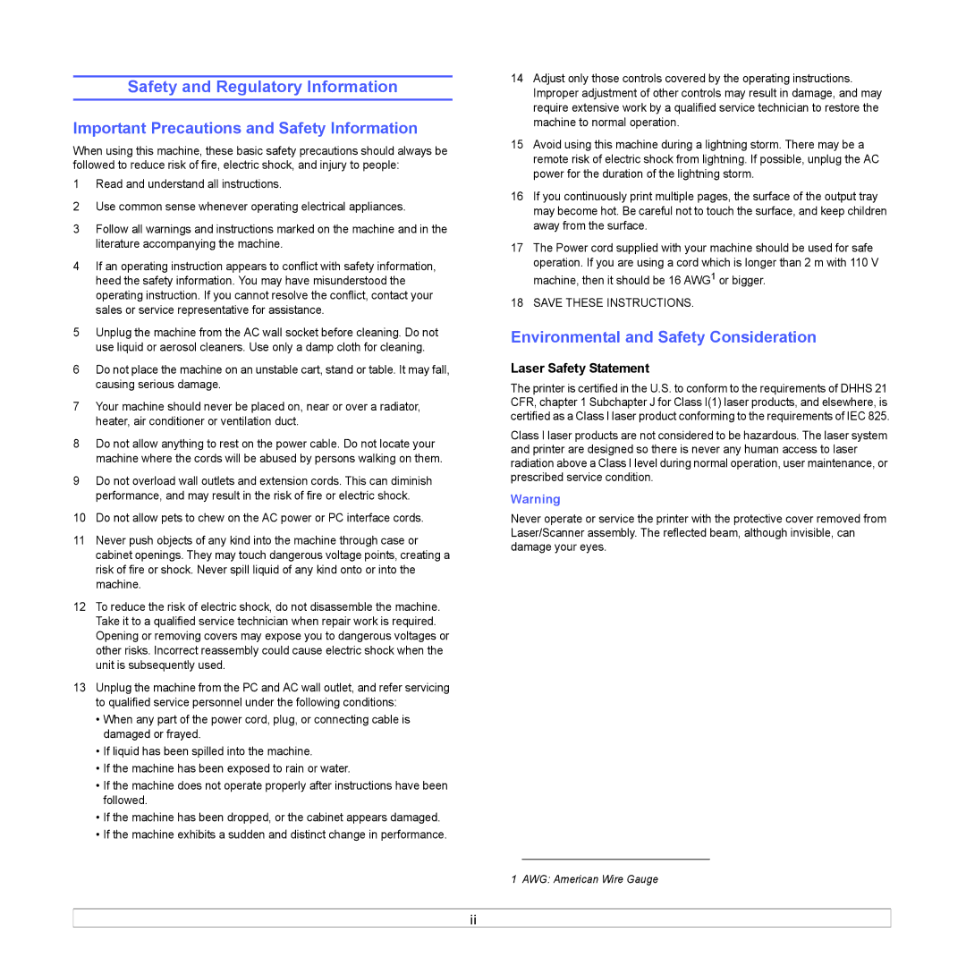 Samsung CLP-610 Safety and Regulatory Information, Important Precautions and Safety Information, Laser Safety Statement 