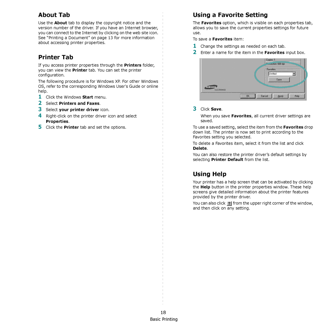 Samsung CLP-660, CLP-610 manual About Tab, Printer Tab, Using a Favorite Setting, Using Help 