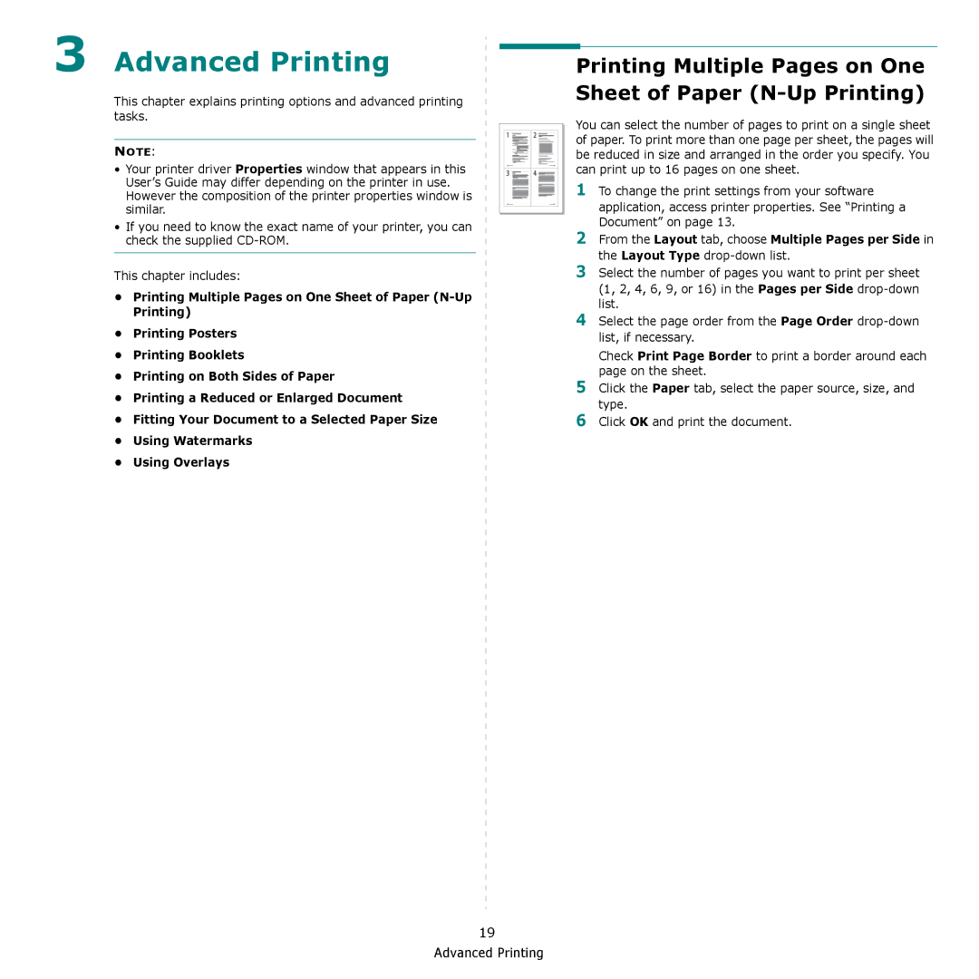 Samsung CLP-610, CLP-660 manual Advanced Printing, Printing Multiple Pages on One Sheet of Paper N-Up Printing 