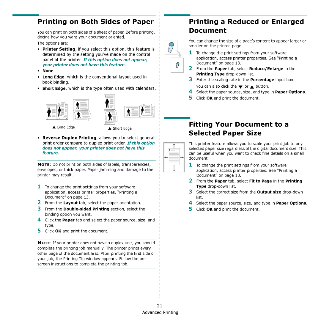 Samsung CLP-610, CLP-660 manual Printing on Both Sides of Paper, Printing a Reduced or Enlarged Document, None 