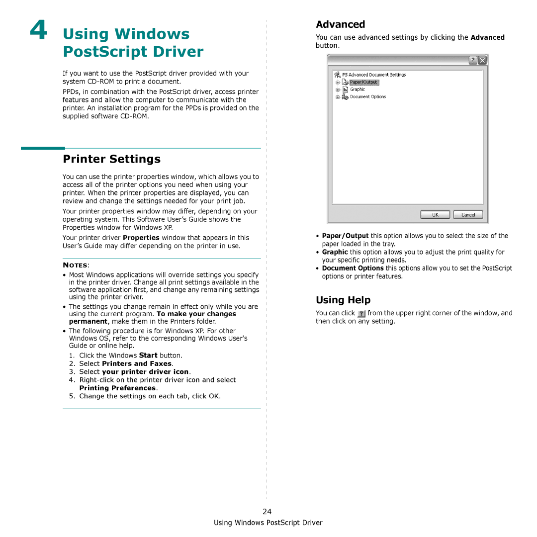 Samsung CLP-660, CLP-610 manual Using Windows PostScript Driver, Advanced 