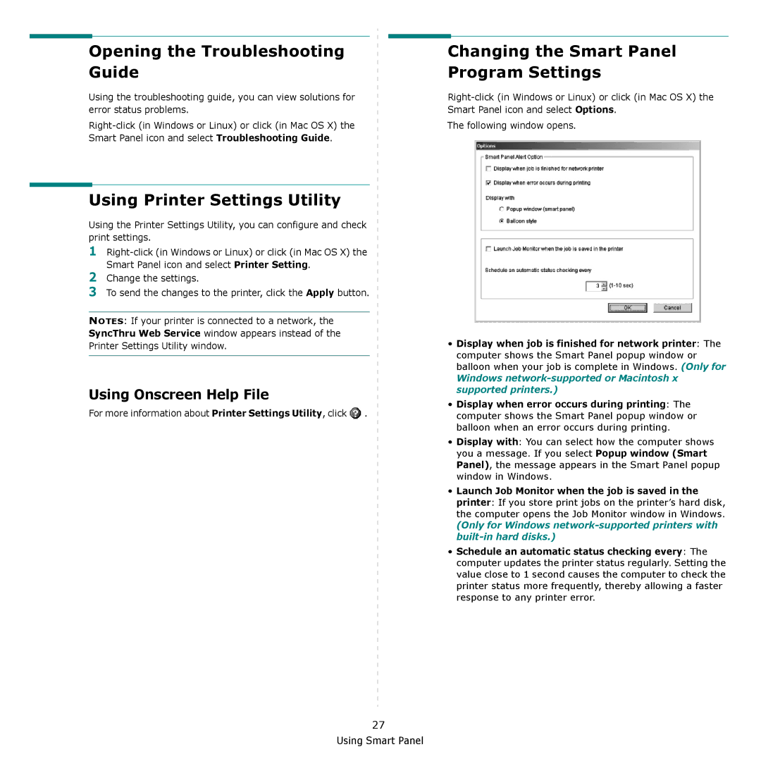 Samsung CLP-610, CLP-660 manual Opening the Troubleshooting Guide, Using Printer Settings Utility, Using Onscreen Help File 