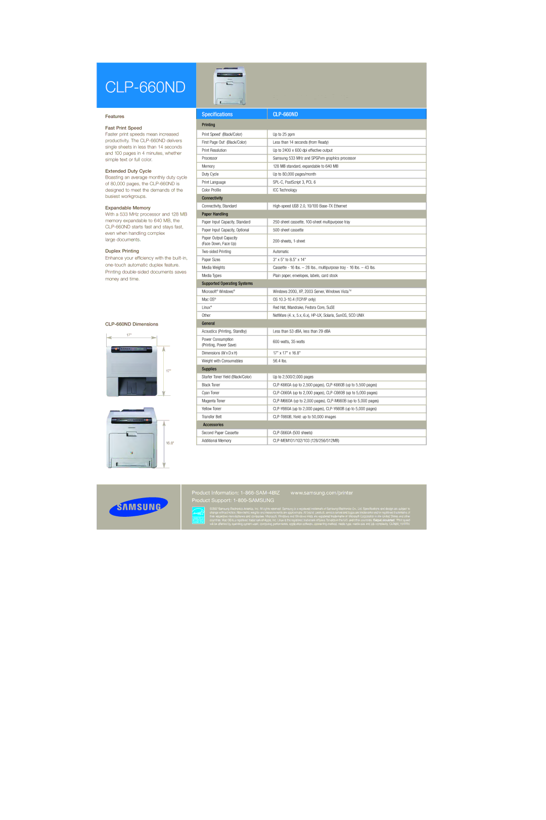 Samsung manual Network Color Laser Printer, Specifications CLP-660ND 