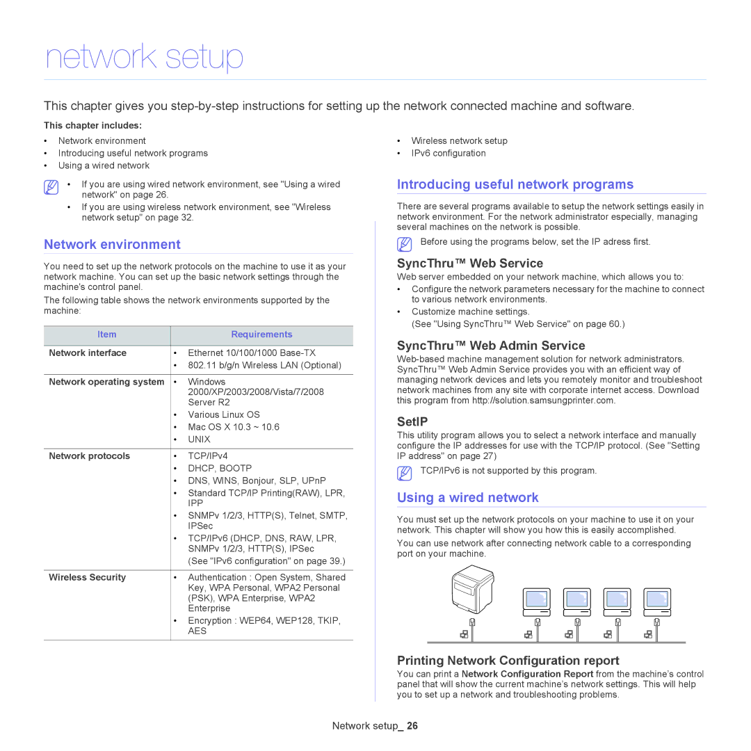 Samsung CLP-775 SERIES Network setup, Network environment, Introducing useful network programs, Using a wired network 