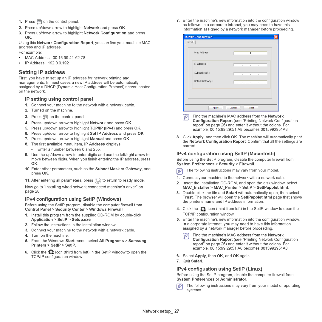 Samsung CLP775ND manual Setting IP address, IP setting using control panel, IPv4 configuration using SetIP Windows 