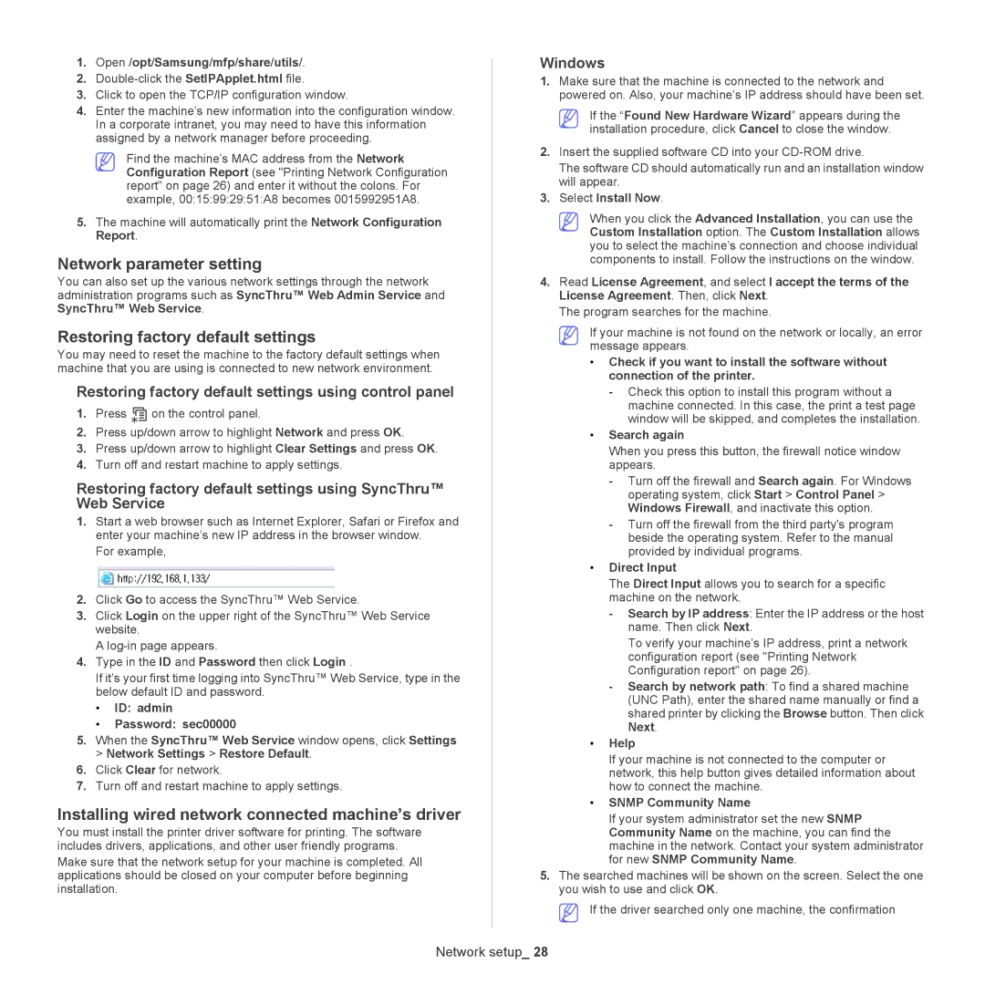 Samsung CLP-775 SERIES, CLP775ND manual Network parameter setting, Restoring factory default settings, Windows 