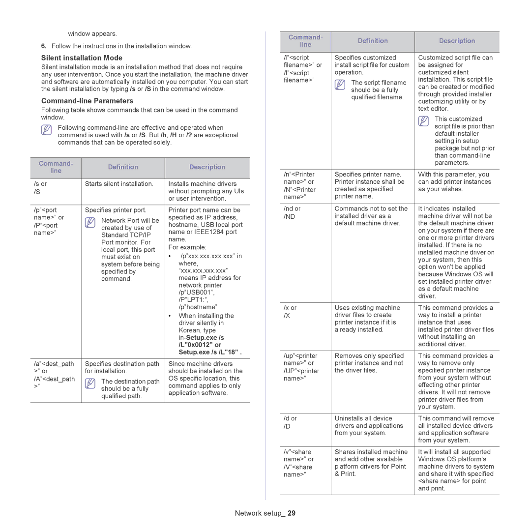 Samsung CLP775ND, CLP-775 SERIES manual Command Definition Description Line, In-Setup.exe /s, L0x0012 or, Setup.exe /s /L18 