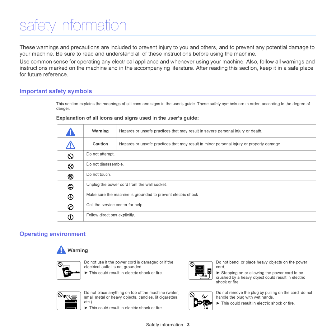 Samsung CLP775ND, CLP-775 SERIES manual Safety information, Important safety symbols, Operating environment 