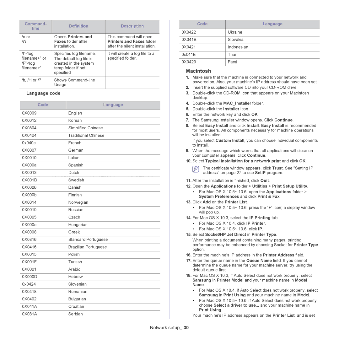 Samsung CLP-775 SERIES, CLP775ND manual Macintosh, Opens Printers, Printers and Faxes folder, Code Language 