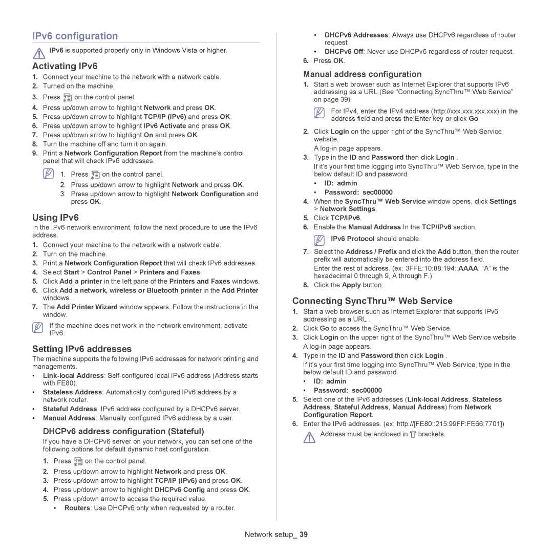 Samsung CLP775ND IPv6 configuration, Activating IPv6, Using IPv6, Setting IPv6 addresses, Connecting SyncThru Web Service 