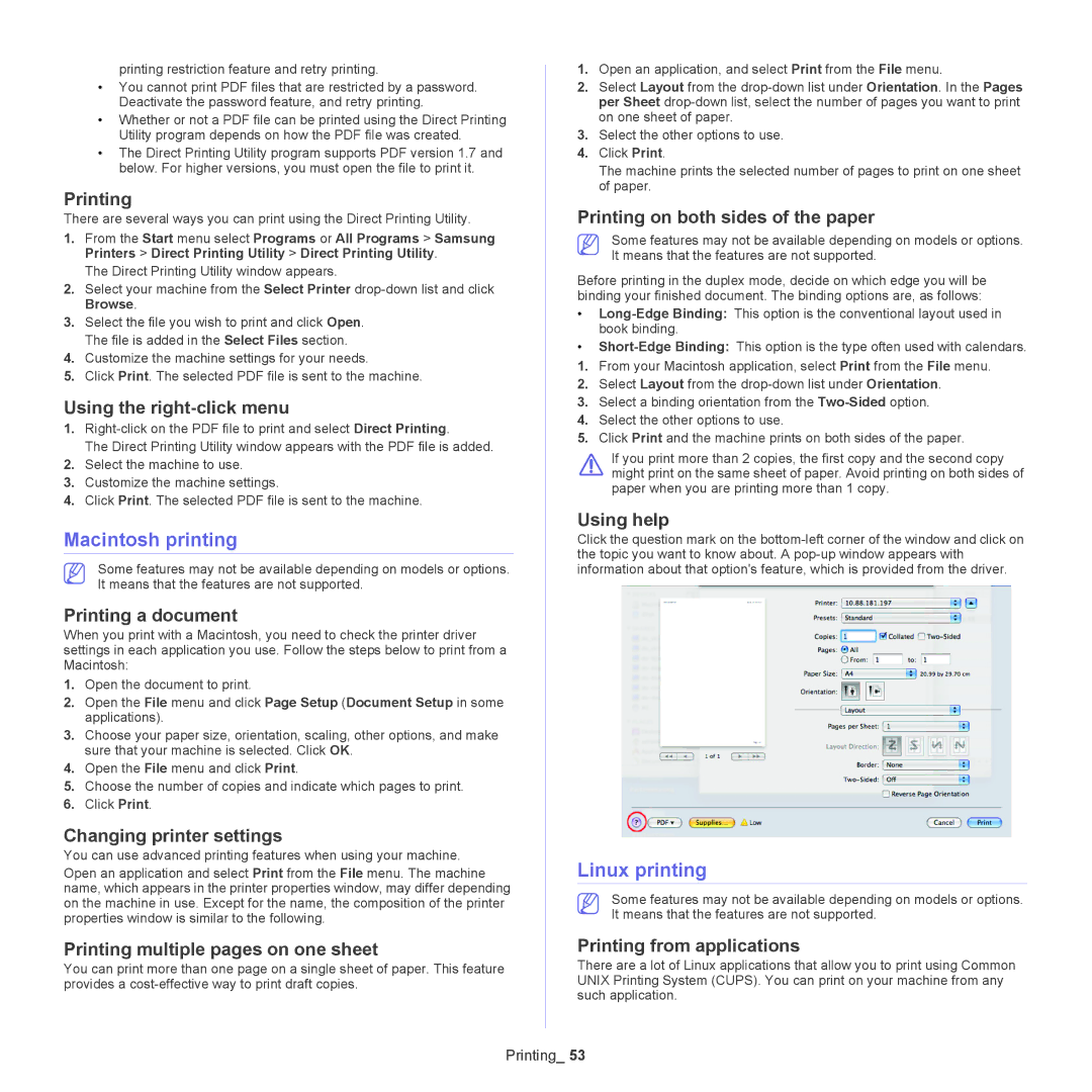 Samsung CLP775ND, CLP-775 SERIES manual Macintosh printing, Linux printing 