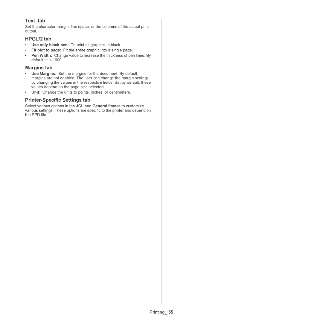 Samsung CLP775ND, CLP-775 SERIES manual Text tab, HPGL/2 tab, Margins tab, Printer-Specific Settings tab 