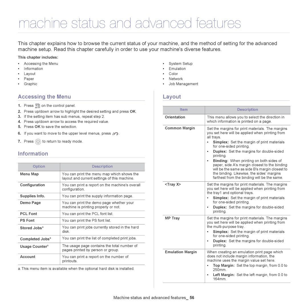 Samsung CLP-775 SERIES, CLP775ND manual Machine status and advanced features, Accessing the Menu, Information, Layout 