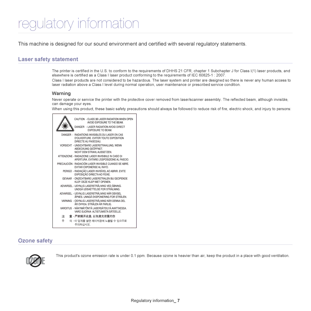 Samsung CLP775ND, CLP-775 SERIES manual Regulatory information, Laser safety statement, Ozone safety 