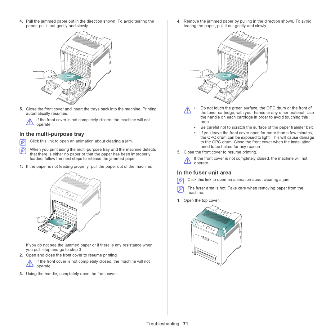 Samsung CLP775ND, CLP-775 SERIES manual Fuser unit area, Click this link to open an animation about clearing a jam 