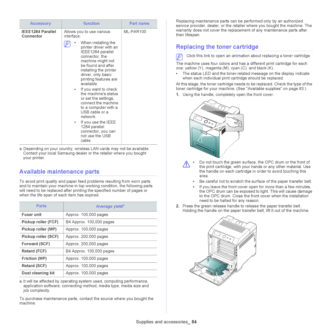 Samsung CLP-775 SERIES, CLP775ND manual Available maintenance parts, Replacing the toner cartridge, Connector Interface 