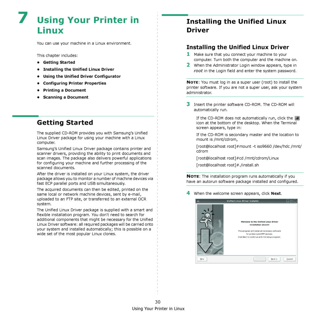 Samsung CLX-216x manual Installing the Unified Linux Driver, Getting Started 