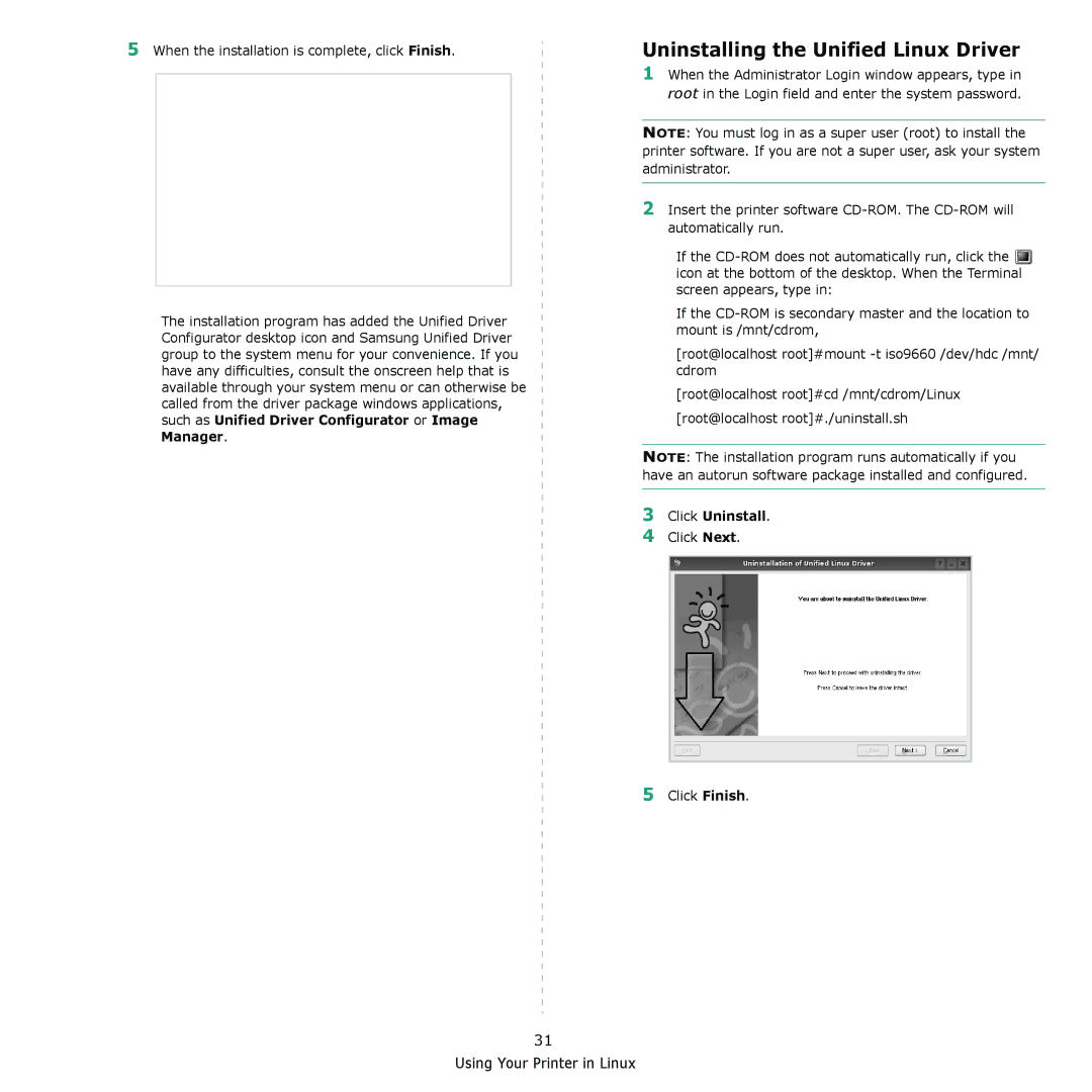 Samsung CLX-216x manual Uninstalling the Unified Linux Driver, Click Uninstall 