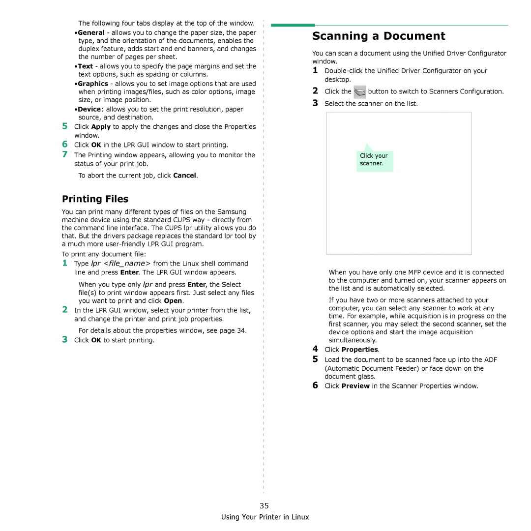 Samsung CLX-216x manual Scanning a Document, Printing Files, Click Properties 