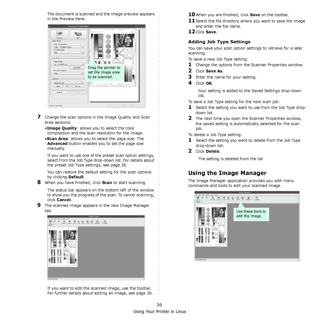 Samsung CLX-216x manual Using the Image Manager, Adding Job Type Settings 