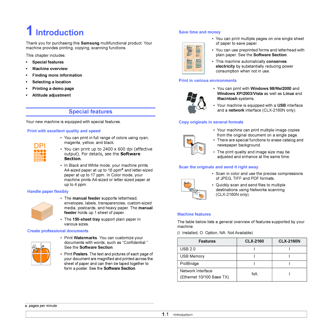 Samsung CLX-216x Introduction, Special features, See the Software Section, Macintosh systems, Features CLX-2160 CLX-2160N 