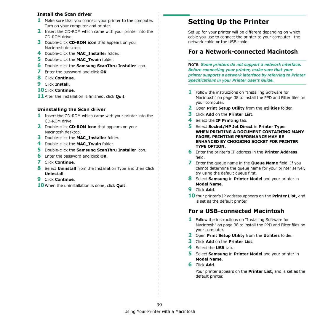 Samsung CLX-216x manual Setting Up the Printer, For a Network-connected Macintosh, For a USB-connected Macintosh 