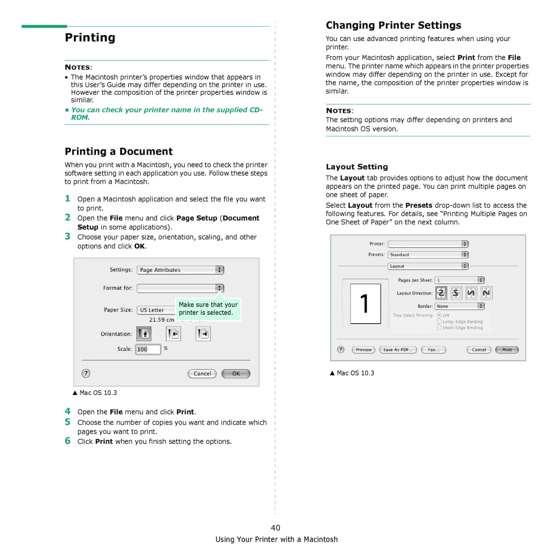 Samsung CLX-216x manual Printing a Document, Changing Printer Settings, Layout Setting 