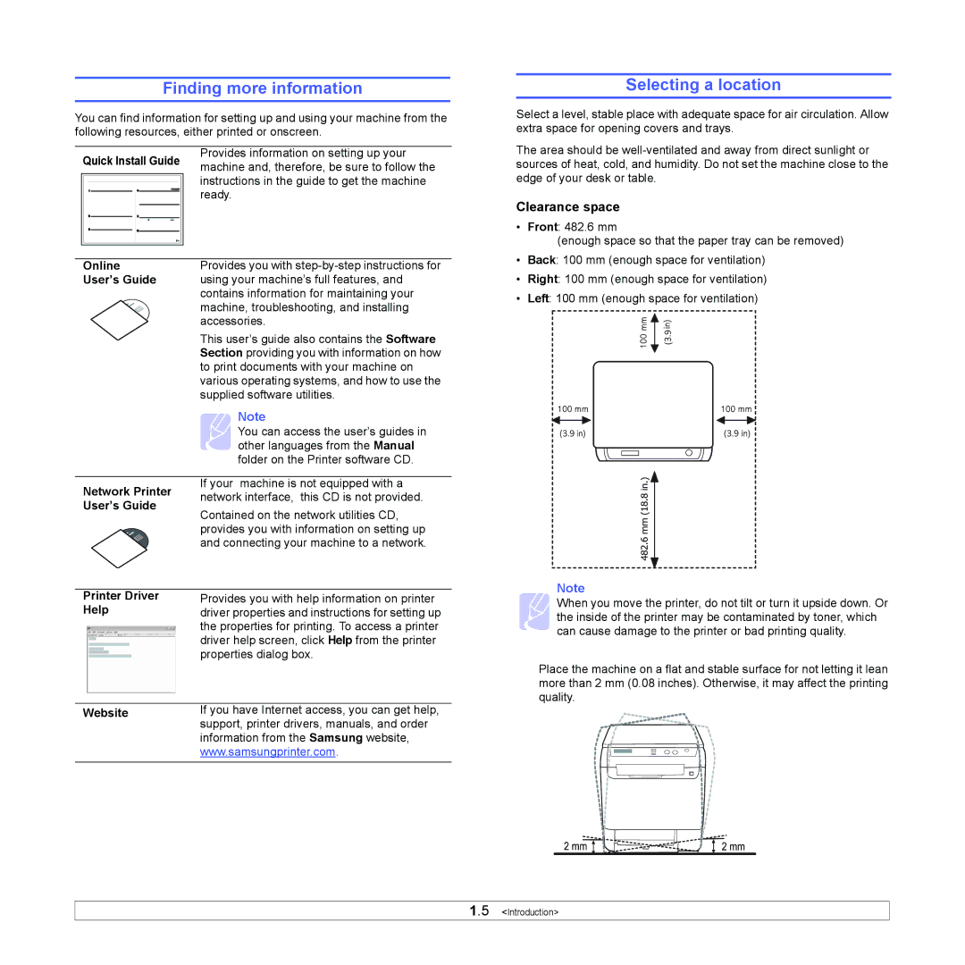 Samsung CLX-216x manual Finding more information, Selecting a location, Clearance space 