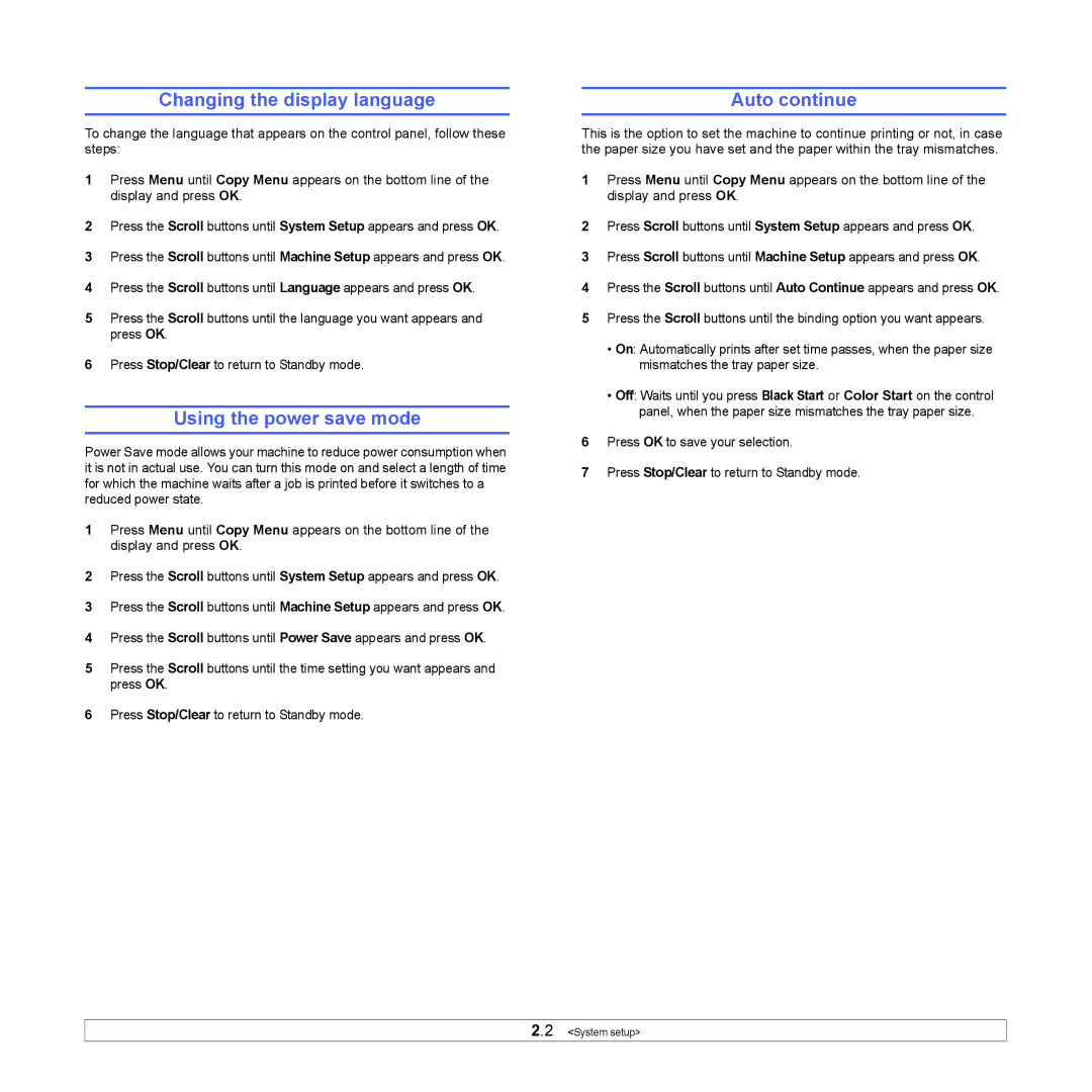 Samsung CLX-216x manual Changing the display language, Using the power save mode, Auto continue 