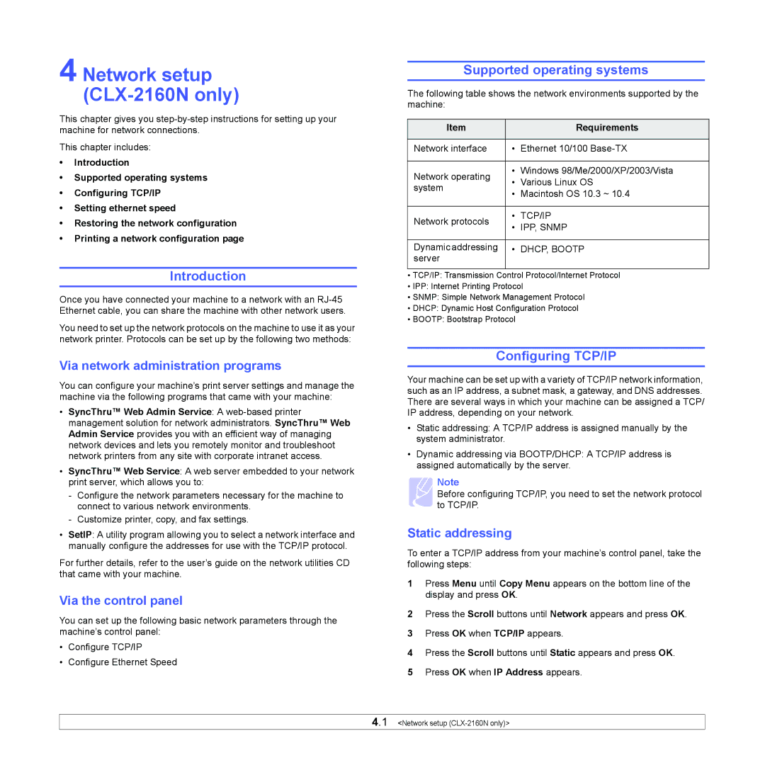 Samsung CLX-216x manual Network setup CLX-2160N only, Supported operating systems, Configuring TCP/IP 