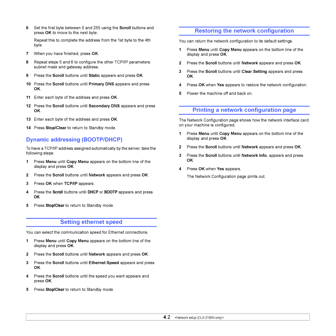 Samsung CLX-216x manual Setting ethernet speed, Restoring the network configuration, Printing a network configuration 