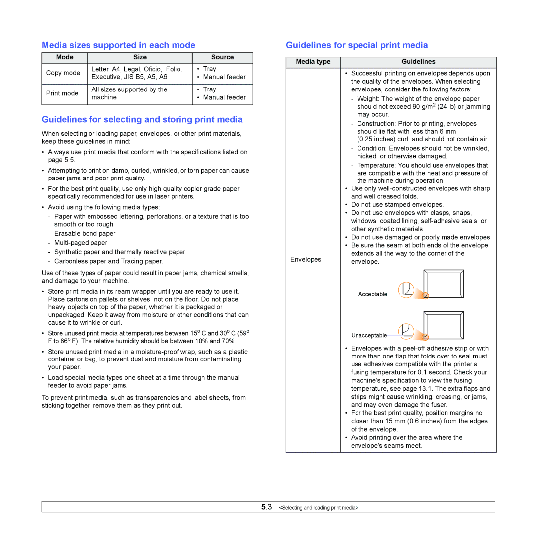 Samsung CLX-216x Media sizes supported in each mode, Guidelines for selecting and storing print media, Mode Size Source 