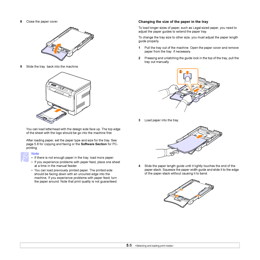 Samsung CLX-216x Changing the size of the paper in the tray, Close the paper cover Slide the tray back into the machine 