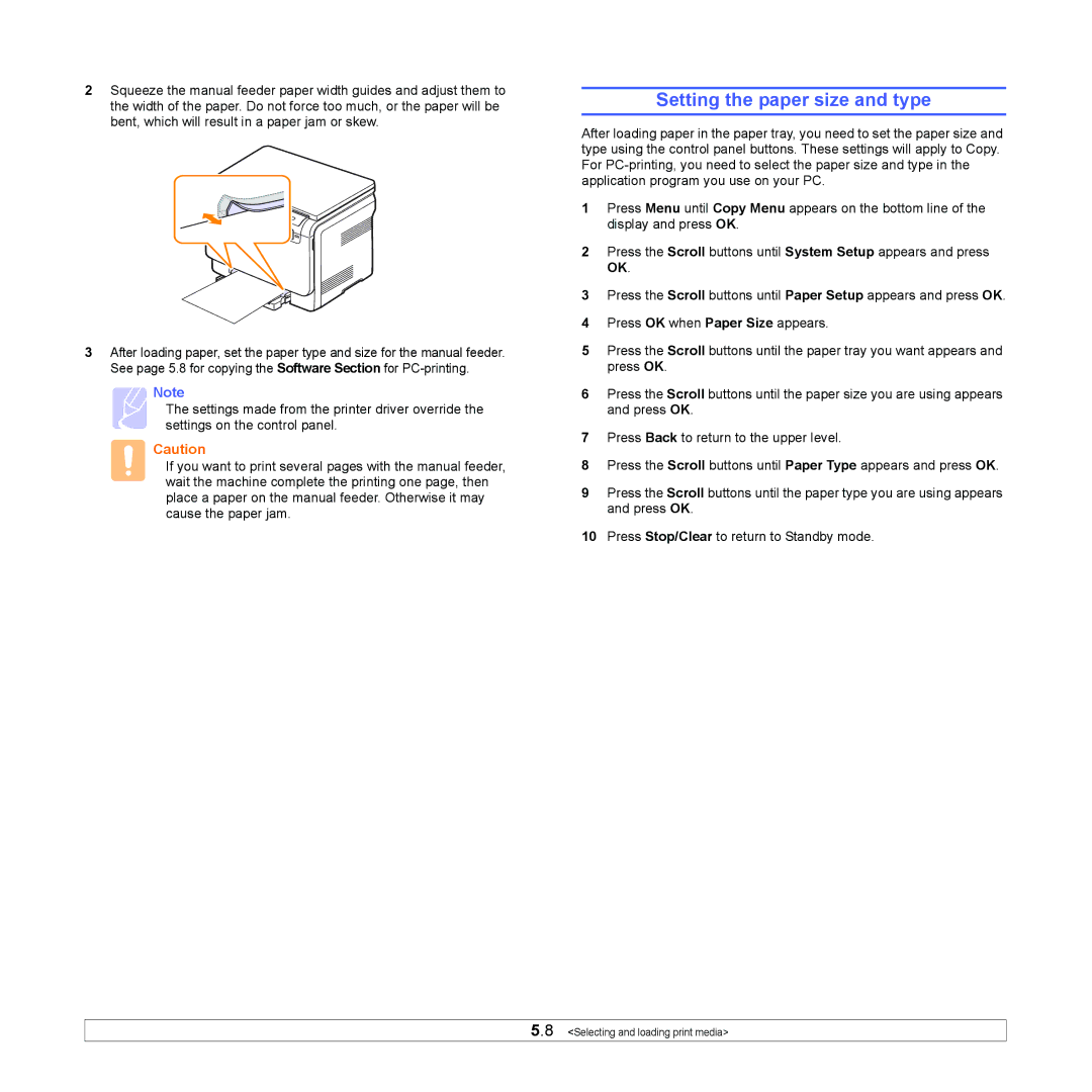 Samsung CLX-216x manual Setting the paper size and type 