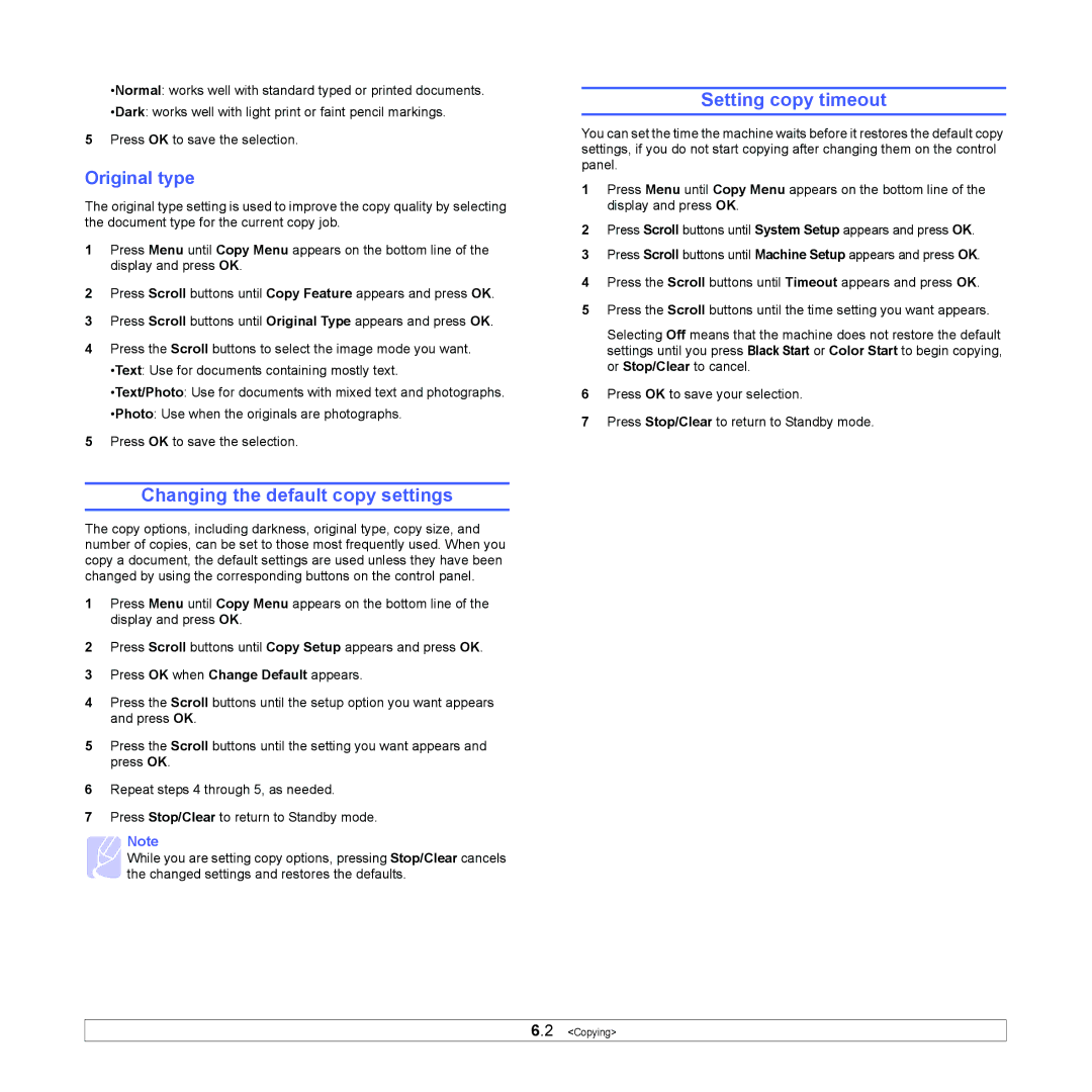 Samsung CLX-216x manual Changing the default copy settings, Setting copy timeout, Original type 