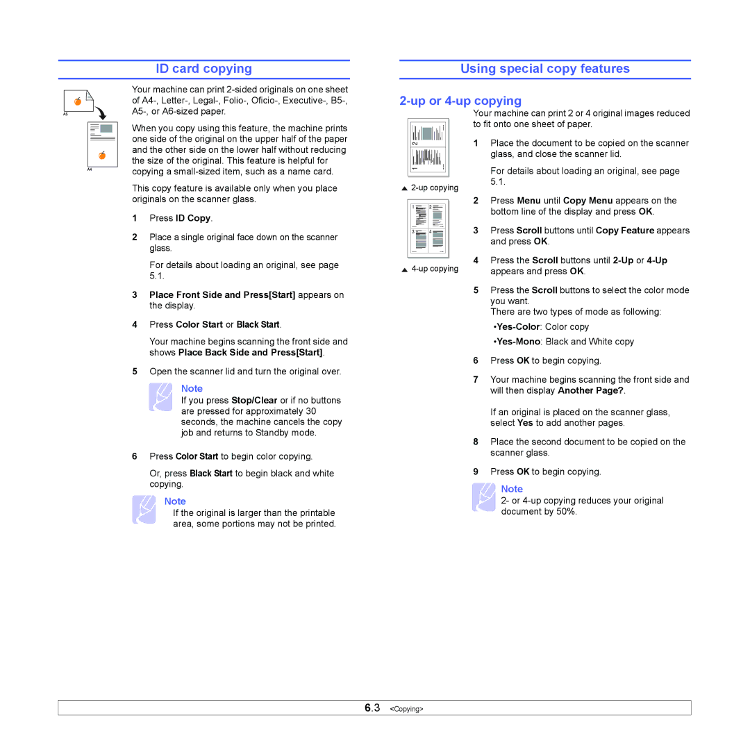 Samsung CLX-216x manual ID card copying, Using special copy features, Up or 4-up copying 