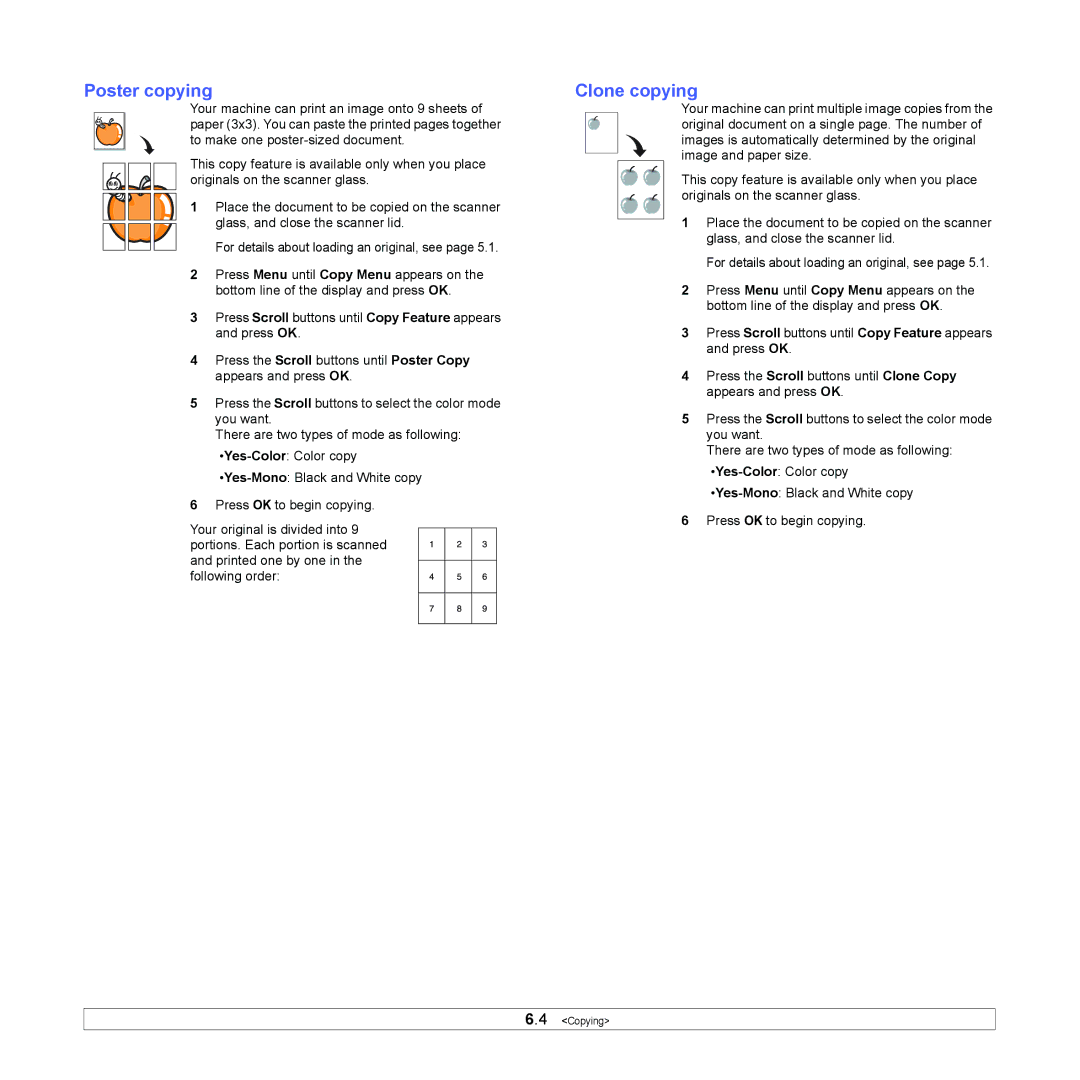 Samsung CLX-216x manual Poster copying, Clone copying 