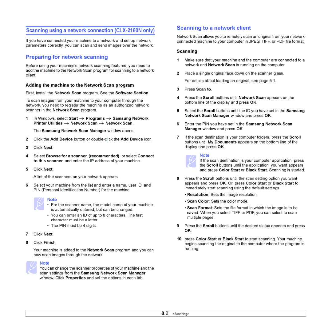 Samsung CLX-216x manual Scanning using a network connection CLX-2160N only, Preparing for network scanning 