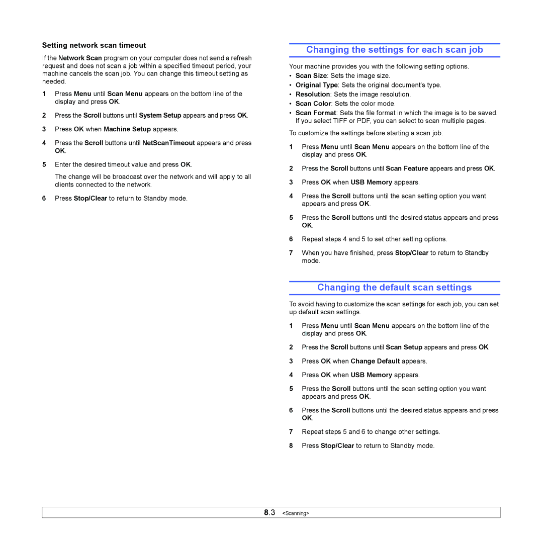 Samsung CLX-216x Changing the settings for each scan job, Changing the default scan settings, Setting network scan timeout 