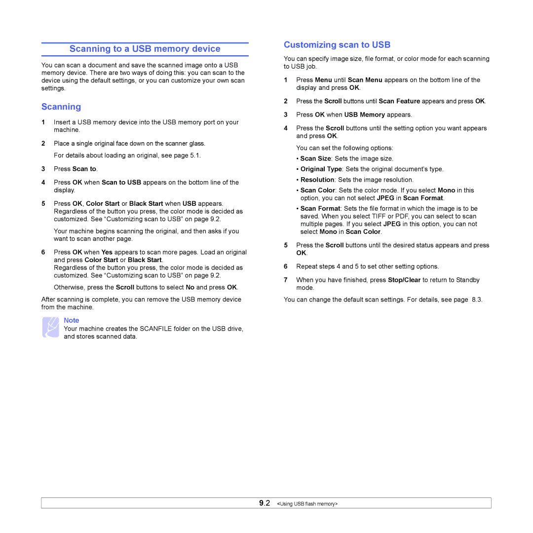 Samsung CLX-216x manual Scanning to a USB memory device, Customizing scan to USB 