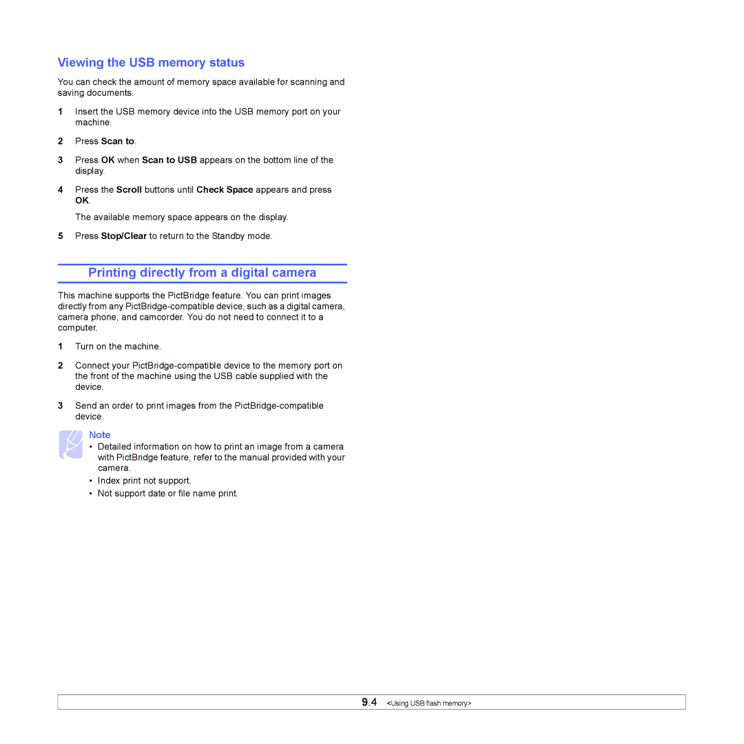 Samsung CLX-216x manual Printing directly from a digital camera, Viewing the USB memory status 