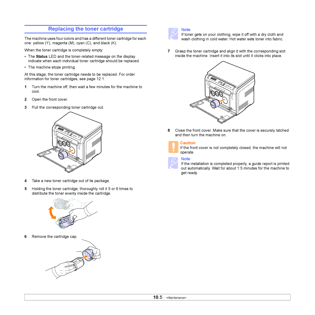 Samsung CLX-216x manual Replacing the toner cartridge 