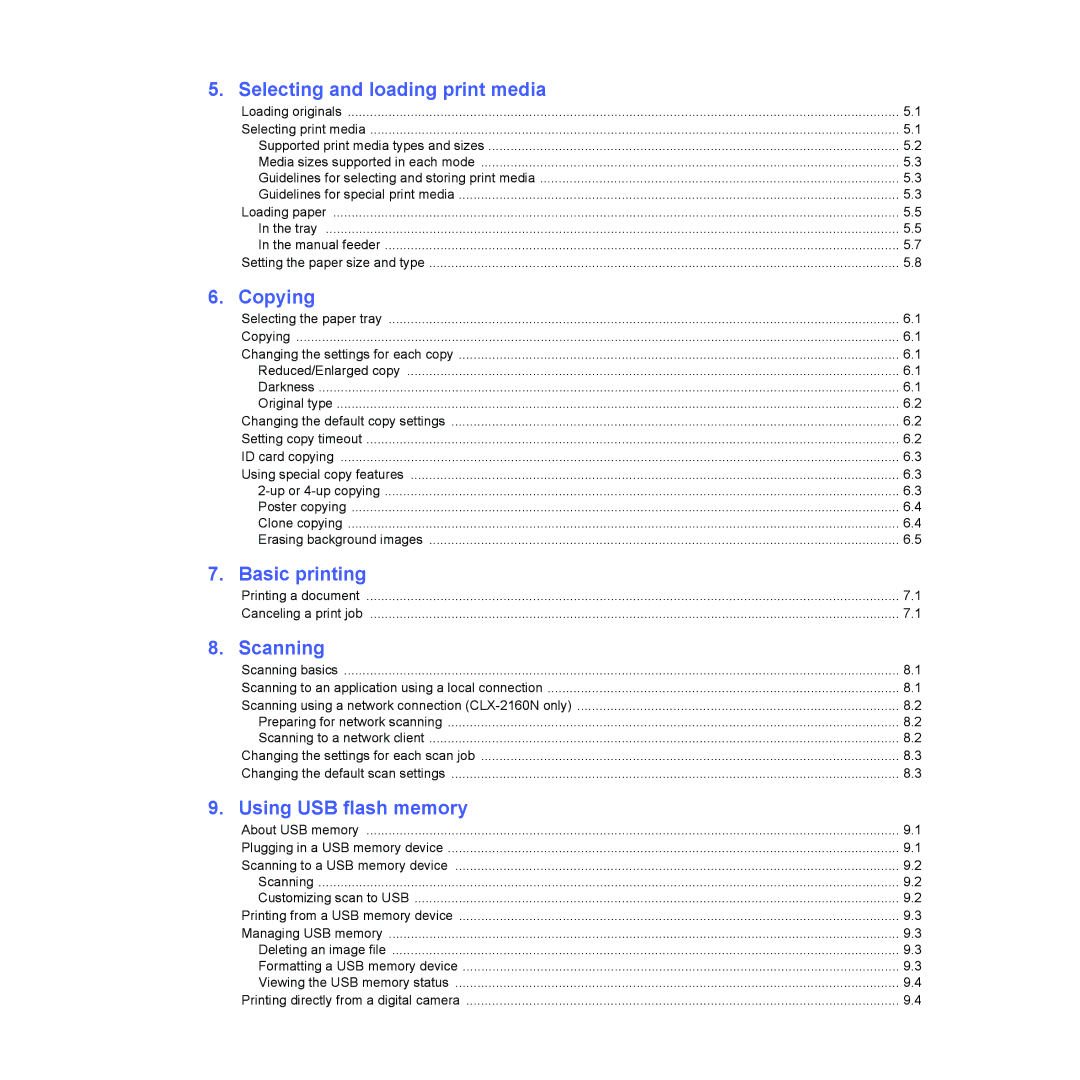 Samsung CLX-216x manual Selecting and loading print media, Copying, Basic printing, Scanning, Using USB flash memory 