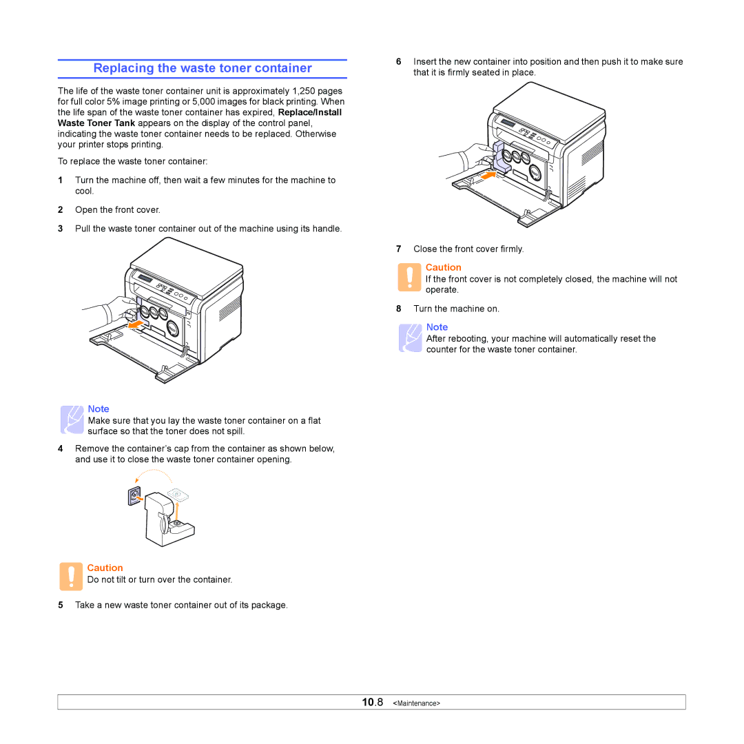 Samsung CLX-216x manual Replacing the waste toner container 